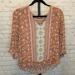Rose & Thyme Orange Printed Blouse Peplum Hem Size Large Boho thumbnail 1