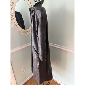 LNR S Small Black Genuine Leather‎ Long Maxi Trench Coat Women steam punk VTG thumbnail 4