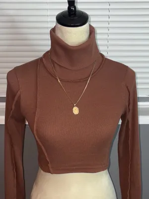 PrettyLittleThing Brown Ribbed Exposed Seam Cropped Turtleneck Top US 2 thumbnail 3