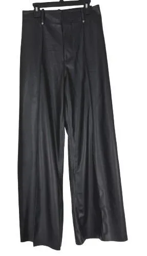 Zara Black Faux Leather Wide Leg Pants Pleat Front Trousers Edgy Office Size 2 thumbnail 1