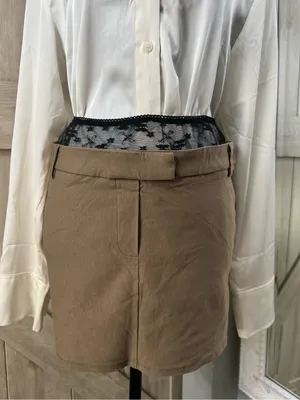 Y2K Office Siren Low rise brown mini skirt with black lace trim detail- Medium thumbnail 1