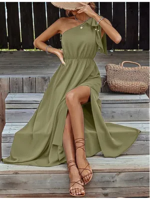NEW Olive Green One Shoulder Maxi Dress S thumbnail 8