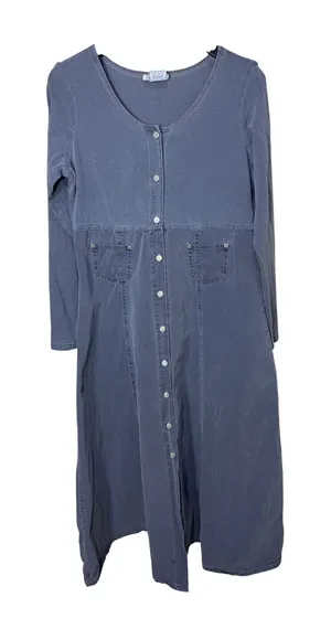 Moda Int'l Vintage Gray/blue Button Front Maxi Dress Long‎ Sleeve Size M USA thumbnail 1