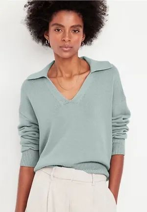 NWT Old Navy Polo Sweater Women M Silver Sage V-Neck Collared Shaker Knit Cotton thumbnail 1