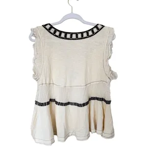 Free People Ecru Combo Embroidered V-Neck Tiered Boho Top Size Extra Small NEW thumbnail 4
