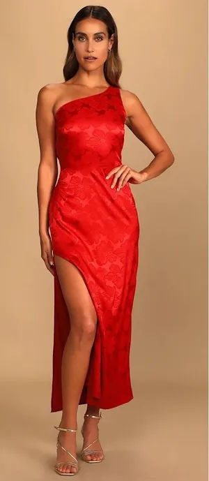 Lulus Chasing Desire Satin Jacquard Maxi Dress Women XL‎ Red Floral One Shoulder thumbnail 1