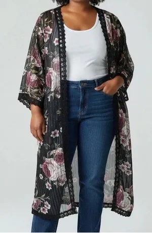 LuLaRoe Black Rose Floral Kimono Lace Duster XL Boho Whimsigoth Resort Cruise Cover Up thumbnail 1