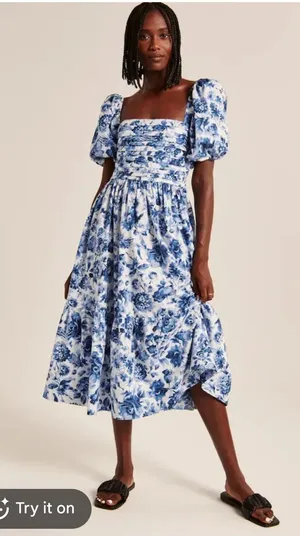 Abercrombie Emerson Poplin Puff Sleeve Midi Dress Blue Floral XS thumbnail 1