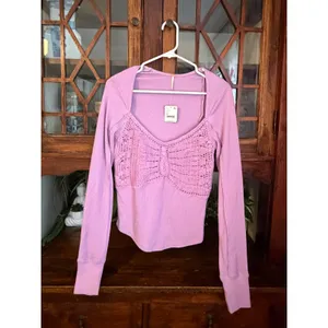 Free People Women Purple Butterfly Crochet Waffle Knit Top Size M thumbnail 2