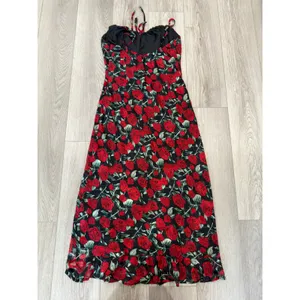Commense Romantic Cottage Fairy Bulgarian Red Roses Floral Cami Midi Dress NWT L thumbnail 4