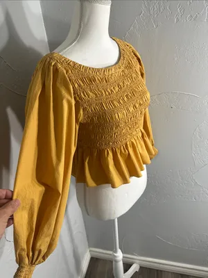 Free People mustard Yellow Smocked Peplum Blouse. thumbnail 3