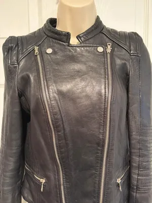 ZARA Trafaluc Genuine Leather Moto Medium Jacket Black Cropped Biker Y2K goth thumbnail 1