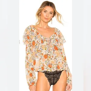 Free People Ivory And Coral Say It To Me Floral Body Suit thumbnail 6