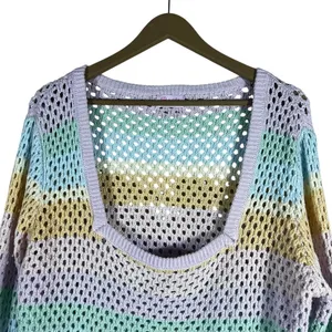 Pink Lily Pastel Striped Crochet Scoop Neck Sweater Multicolor Colorful Size XL thumbnail 3