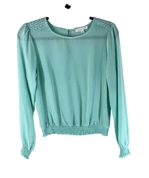 Socialite Womens Top Sheer Long Sleeve Shirred Gathered Hem Crochet Aqua Blue M thumbnail 1