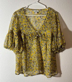 Ann Taylor LOFT Size L Sheer Yellow Botanical Floral Puff Sleeve Popover Top thumbnail 1