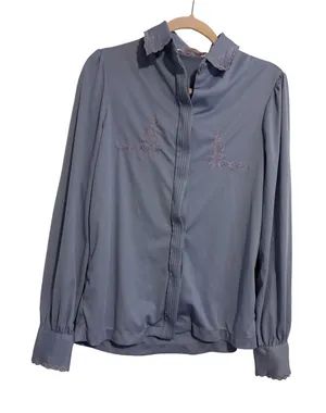 Collections Blouse Vintage Embroidered Periwinkle‎ Blue Scalloped Cuff L thumbnail 1