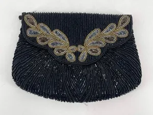 Vintage‎ Beaded Snap Flap Corded Strap Clutch Shoulder Bag Black Small Flapper thumbnail 1