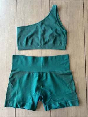 SET Active Forest Green One-Shoulder Crop Top & High-Waist Shorts thumbnail 1