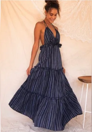 Lulu's Navy and Black Striped Halter Maxi Dress thumbnail 1