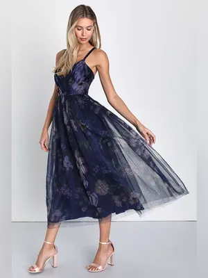 Lulu's Elaborate Elegance Navy Floral Print Tulle Pleated Midi Dress thumbnail 3