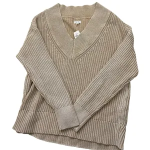 Aerie Sweater Chunky Deep V Neck Oversized 100% Cotton Beige M NWT thumbnail 5