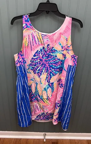 Lilly Pulitzer Women's Tank silk dress Sleeveless Blue‎ Pink Palm Print Size L thumbnail 1
