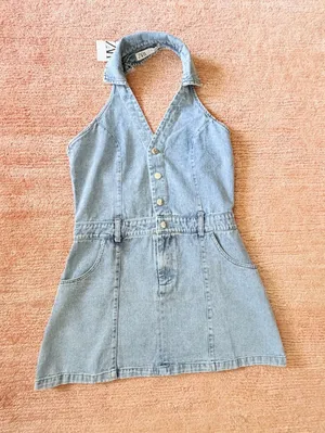 Zara Denim Halter Mini Dress Light Wash Sleeveless Button Front Size M NWT thumbnail 1
