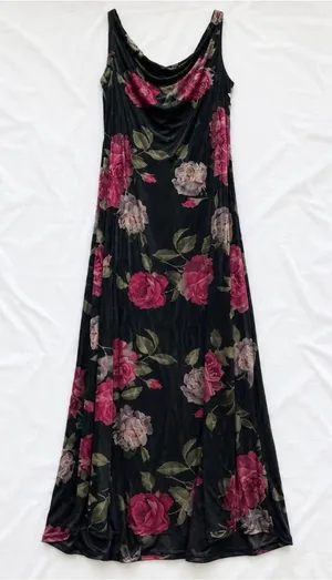 Jeffrey & Dara Vintage Velvet Black Rose Maxi Dress Women 12 thumbnail 1