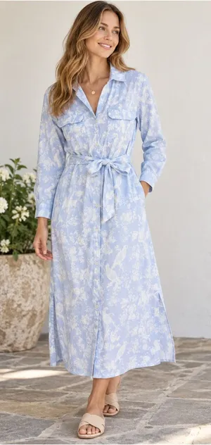 Roller Rabbit Blue White Toile Bird Floral Belted Shirt Dress Size S thumbnail 1