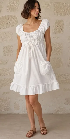 N Willow White 100% Linen Milkmaid Mini Dress Smocked Drawstring Pockets Sz S/M thumbnail 1