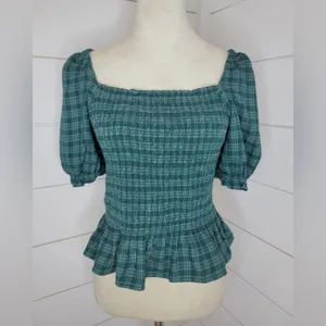 J.Crew Green Plaid Smocked Peplum Top Puff Sleeve Square Neck‎ Women’s Small thumbnail 3