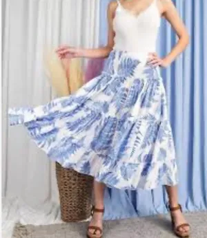 ee:some Blue White Botanical Fern Print Tiered Ruffle Maxi Skirt Dress‎ Smocked thumbnail 1