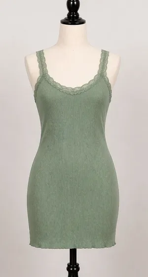 Curvy Sense Green Ribbed‎ Dress 2X Cottagecore Soft Girl Lace Trim Bodycon Mini thumbnail 1