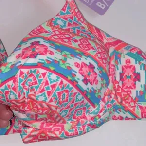 NWT 34B/C Coco‎ Rave halter push-up bikini top hot pink orange ruched middle thumbnail 3