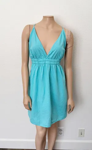 [Aerie] Blue Linen Blend Side Tie Elastic Waist V-Neck Low Back Mini Dress XXL thumbnail 2