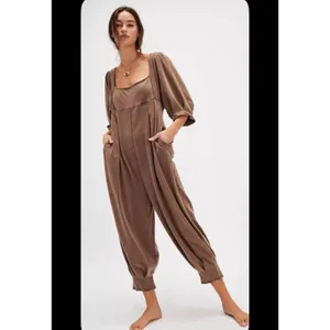 Free People Lotta Love Oversized Jumpsuit Brown Puff Sleeve Large thumbnail 8