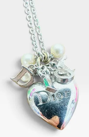 Dior Silver Tone Heart Pendant Pearl Charm Chain Necklace Love Logo Jewelry thumbnail 1