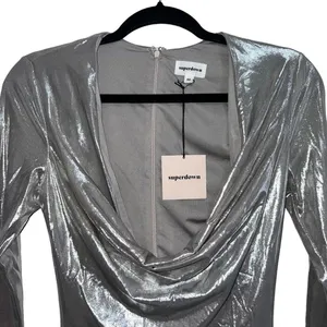 NEW NWT Gwen Long Sleeve Draped Neck Mini Dress In Silver Metallic thumbnail 4