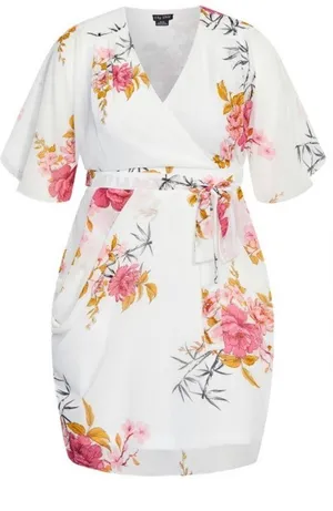 City Chic Beloved Wrap Dress Ivory Floral Knee Length Size 18 thumbnail 4