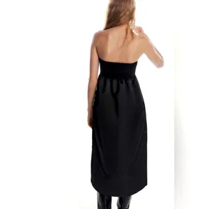 Zara Black Sateen Taffeta Strapless BodyCon/A-Frame Midi Dress LBD Sz SMALL thumbnail 3