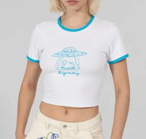 RIPNDIP Blonded Cropped Ringer Tee Women’s Med White Blue Alien Cat Logo thumbnail 1