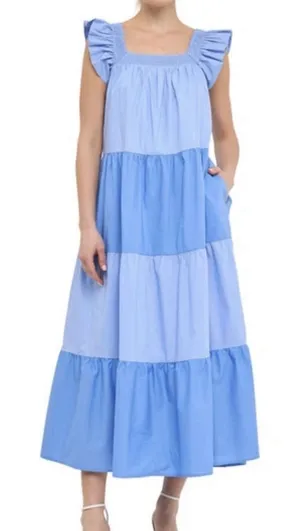ENGLISH FACTORY Blue Colorblock Tiered Cotton Midi Dress Sz Medium thumbnail 1
