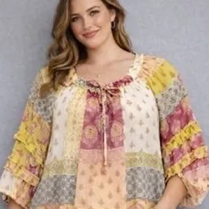 Cato Womens Patchwork Print Ruffle Tie Neck Blouse‎ Pink Yellow Size L thumbnail 1