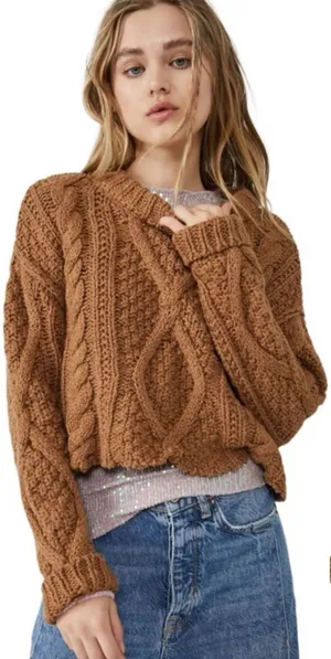 Free People Cutting Edge Cable Knit Sweater Brown Large thumbnail 1