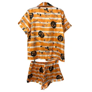 Halloween Pajama Set Pumpkin Bat Candy Satin Button Shirt Shorts XL Spooky Cute thumbnail 6