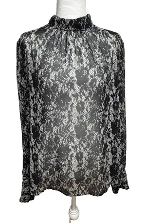 Who What Wear Blouse Black Floral Lace Print Mock Neck‎ Victorian Semi-Sheer L thumbnail 1