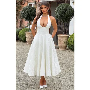 NWT Babyboo Effie Ivory Floral Jacquard Halter A-Line Midi Dress Womens Size M thumbnail 6