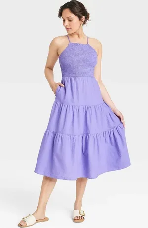 NWT Universal Thread Purple Smocked Tiered Midi Dress Pockets Cutout Back M thumbnail 1