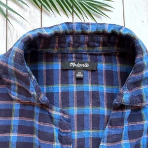 Madewell XS Blue Plaid Short Sleeve Popover Shirt 100% Cotton thumbnail 13